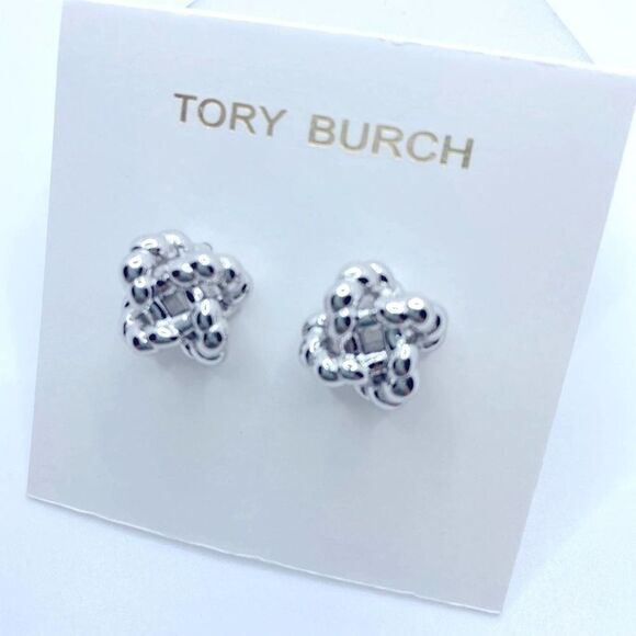 NWOT Tory Burch Silver Logo knot Stud Earrings - Picture 3 of 8